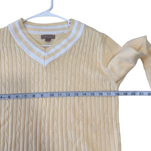WHITE STAG Yellow Cable Knit Sweater Top With White Striped V-Neck Womens L - Picture 5 of 10